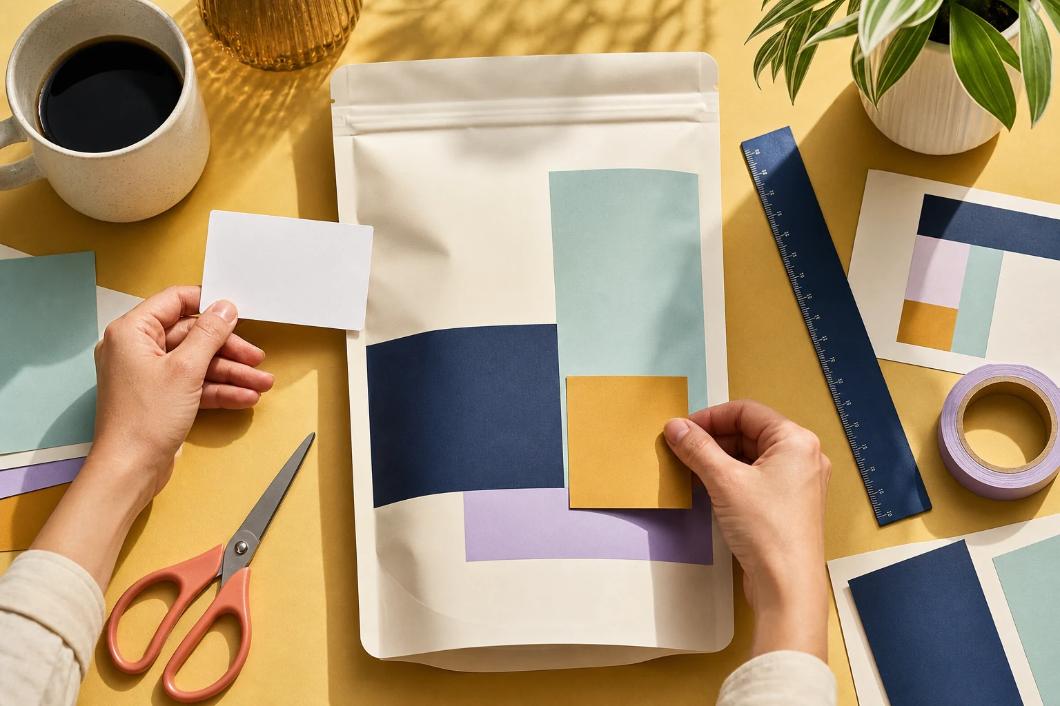 Deux mains composent un motif modulaire avec des papiers colorés sur un sachet clair.