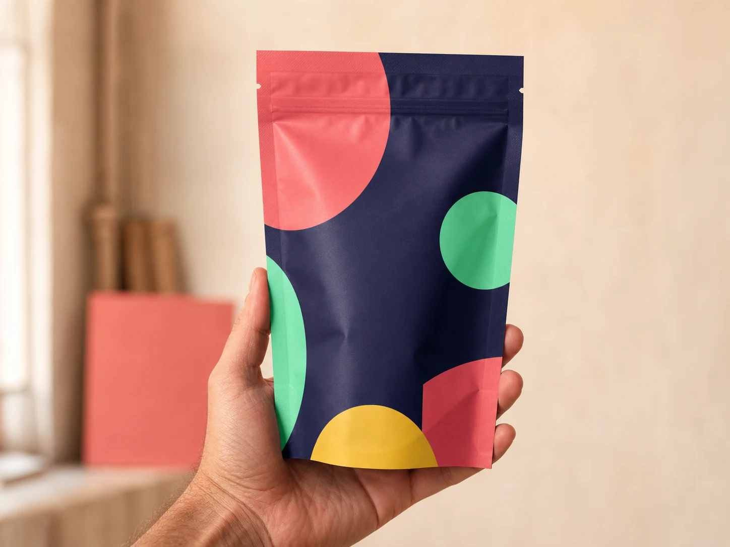 Un sachet Doypack à motif géométrique tenu dans une main adulte.